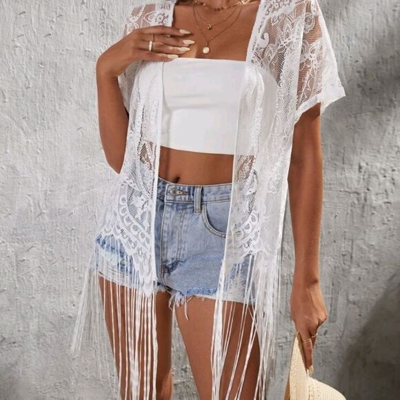 Fringe Trim Lace Kimono - Picture 1 of 5